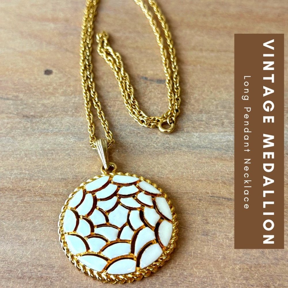 Vintage 70s Long Goldtone Necklace with Neutral White Enamel Medallion 24”